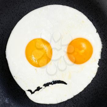 fried eggs on black plate close up. Fried eggs like the angry face