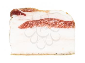 slice of Salo (salted pork fatback) with meat layer and skin isolated on white background