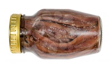 lying glass jar of canned anchovy fillets isolated on white background