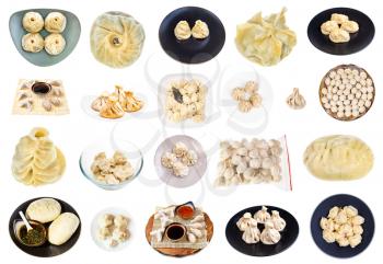 collection of various dumplings (dim sum, buuz, pelmeni, pyanse, khinkali, manti, etc) isolated on white background