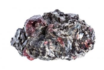 macro photography of sample of natural mineral from geological collection - raw red Garnet crystals in Biotite rock isolated on white background
