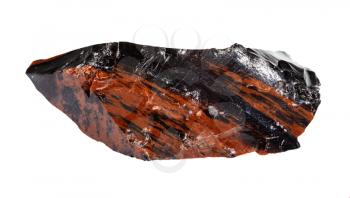 macro photography of sample of natural mineral from geological collection - unpolished mahogany Obsidian (volcanic glass) isolated on white background