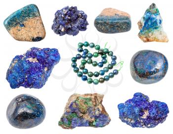 collection of various azurite natural mineral gem stones and samples of rock isolated on white background