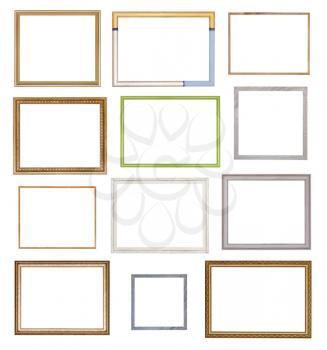 collage from various empty wooden picture frames with cut out canvas isolated on white background