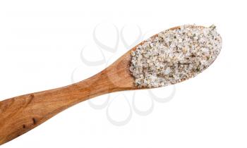top view of wooden salt spoon with seasoned salt with spices and dried herbs close up isolated on white background
