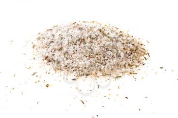 pile of seasoned salt with spices and dried herbs on white background