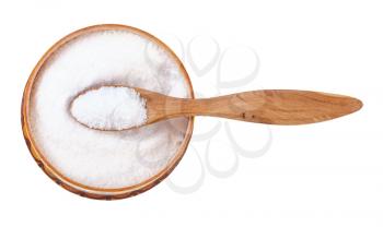 top view of wooden salt cellar with spoon with fine ground Sea Salt isolated on white background