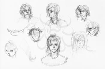 sketches of various heads of girls and boys hand-drawn by black pencil on white paper