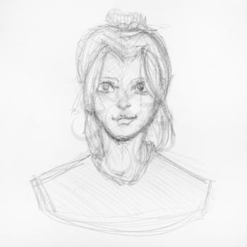 sketch of head of happy girl with bun hairstyle hand-drawn by black pencil on white paper