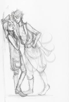 sketch of couple near house wall on street hand-drawn by black pencil on white paper