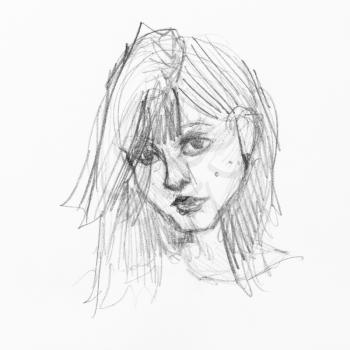 sketch of head of ordinary freckled girl with hand-drawn by black pencil on white paper