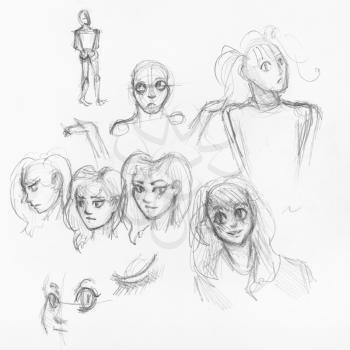 sketches of various heads and faces of girls with hand-drawn by black pencil on white paper