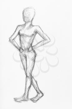 sketch of walking female figure hand-drawn by black pencil on white paper