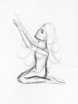 sketch of praying woman on knees hand-drawn by black pencil on white paper