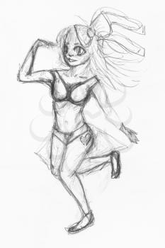 sketch of running girl with long hair in swimsuit hand-drawn by black pencil on white paper
