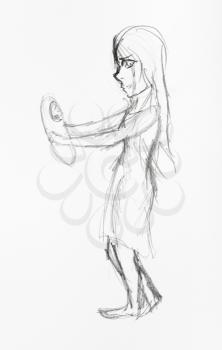 sketch of girl holding swaddled baby on outstretched arms hand-drawn by black pencil on white paper