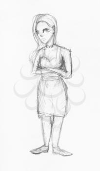 sketch of girl with long hair in sundress hand-drawn by black pencil on white paper