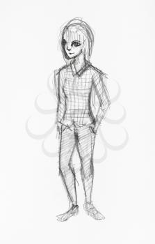 sketch of happy teenager with long hair in plaid shirt and tight pants hand-drawn by black pencil on white paper