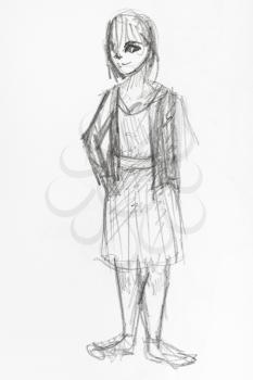 sketch of happy teenager in ragged clothes hand-drawn by black pencil on white paper