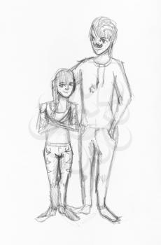 sketch of short girl and tall mustached guy hand-drawn by black pencil on white paper