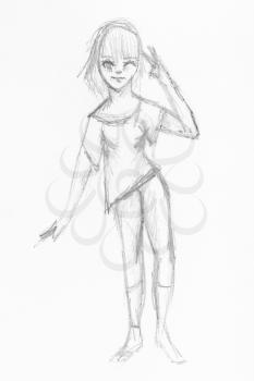 sketch of happy girl in sport suit hand-drawn by black pencil on white paper