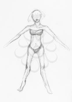 sketch of girl in swimsuit hand-drawn by black pencil on white paper