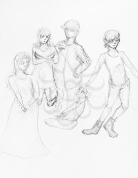 sketch of group of teenagers hand-drawn by black pencil on white paper