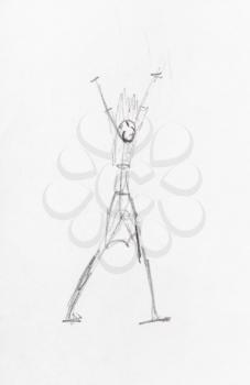 sketch of anthropomorphic figure with raised hands hand-drawn by black pencil on white paper