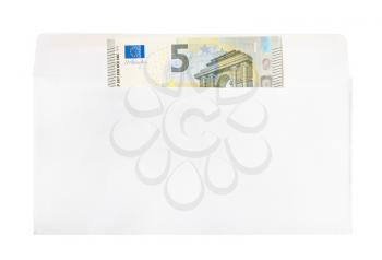 single five euro note in open mail envelope isolated on white background