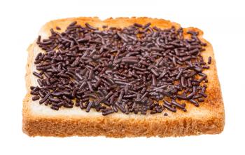 dutch sweet open sandwich with toast and hagelslag (topping from chocolate sprinkles) isolated on white background