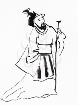 old chinese landlord hand drawn in sumi-e style by black ink on white paper