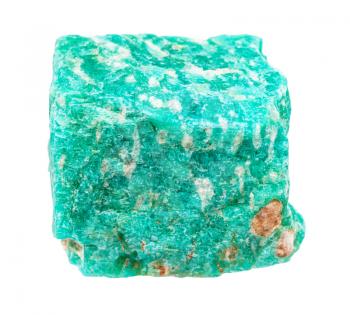 closeup of sample of natural mineral from geological collection - raw Amazonite rock isolated on white background