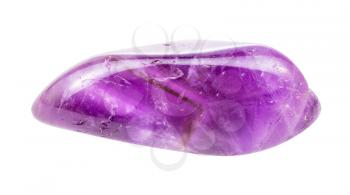 closeup of sample of natural mineral from geological collection - polished Amethyst gem stone isolated on white background