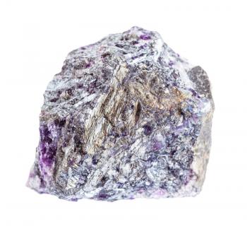 closeup of sample of natural mineral from geological collection - raw Stibnite (Antimonite) ore with Amethyst quartz isolated on white background