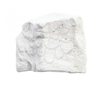 closeup of sample of natural mineral from geological collection - raw chalk (white limestone) rock isolated on white background