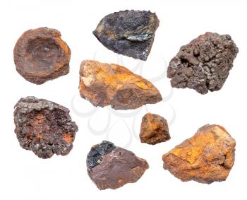 set of various Bog Iron Ores isolated on white background