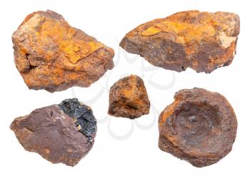 set of various Limonite ( brown iron ore) rocks isolated on white background