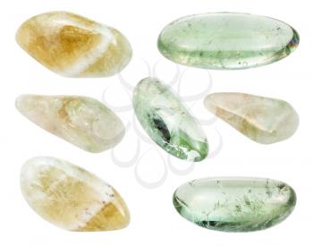 set of various Prasiolite (green quartz) gemstones isolated on white background