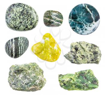 set of various serpentine and serpentinite gemstones isolated on white background