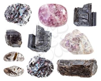 set of various tourmaline minerals in rocks isolated on white background