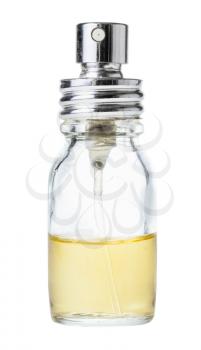 half-full portable perfume spray glass vial isolated on white background