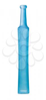 side view of empty matte blue glass bottle isolated on white background