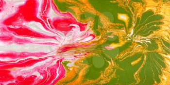 abstract painting with flowing pink, silver, yellow and green acrylic paints