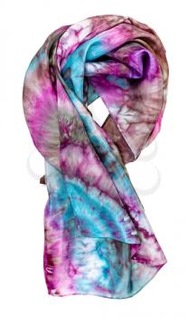 wrapped head scarf with abstract bright pattern in tie-dye batik technique isolated on white background