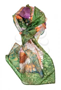 wrapped colored silk scarf with abstract pattern handmade in tie-dye and hot batik technique isolated on white background