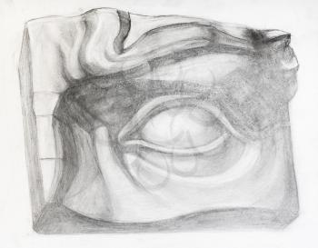 academic drawing - full-size male eye, plaster cast fragment of David's face hand-drawn by graphite pencil on white paper