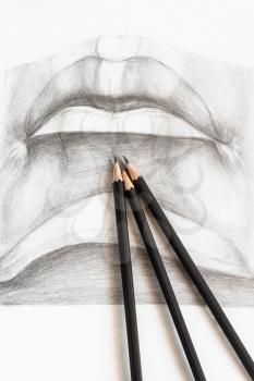 wooden graphite pencils on hand-drawn academic drawing of male lips close up