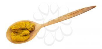 top view of Turmeric (Curcuma) roots in wood spoon isolated on white background