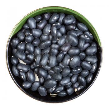 top view of black mexico beans in round bowl isolated on white background