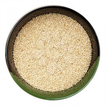 top view of amaranth grains in round bowl isolated on white background